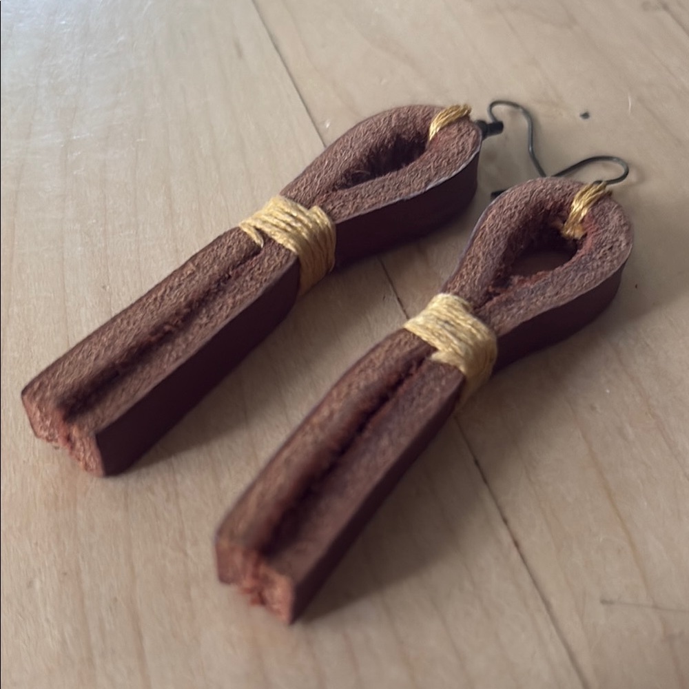 Brown and Mustard Artisan Made Leather Loop Earrings